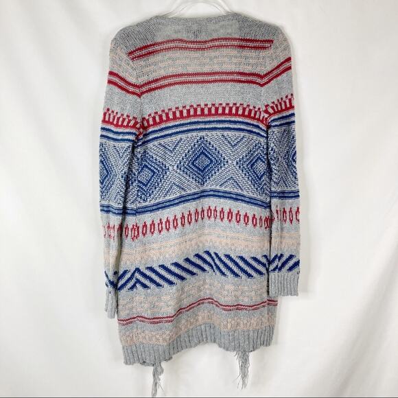 3/$30 American Eagle | Blue Red Gray Cardigan Sweater Open Front Stripe Fringe S - Picture 6 of 6